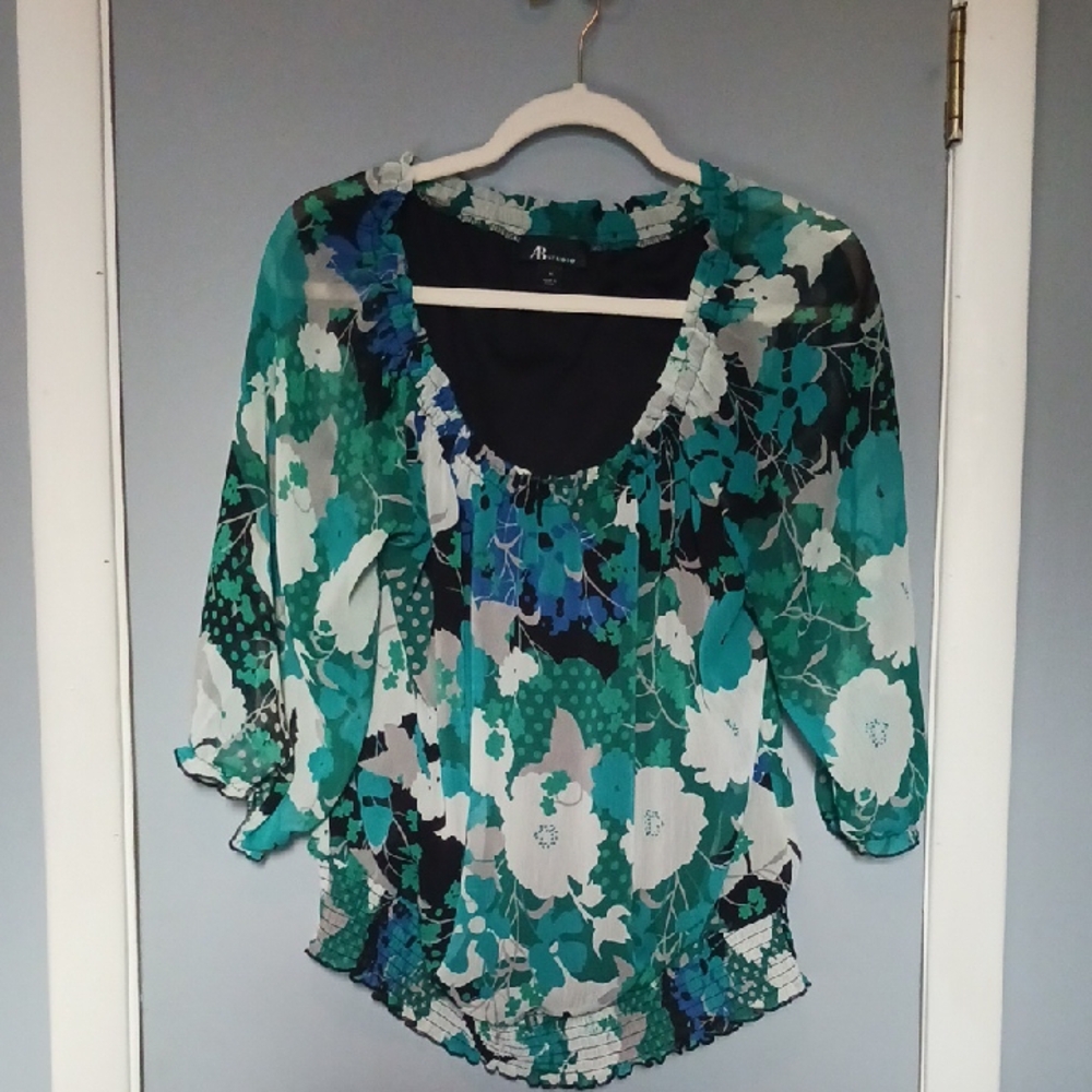 Teal and Black Floral Blouse